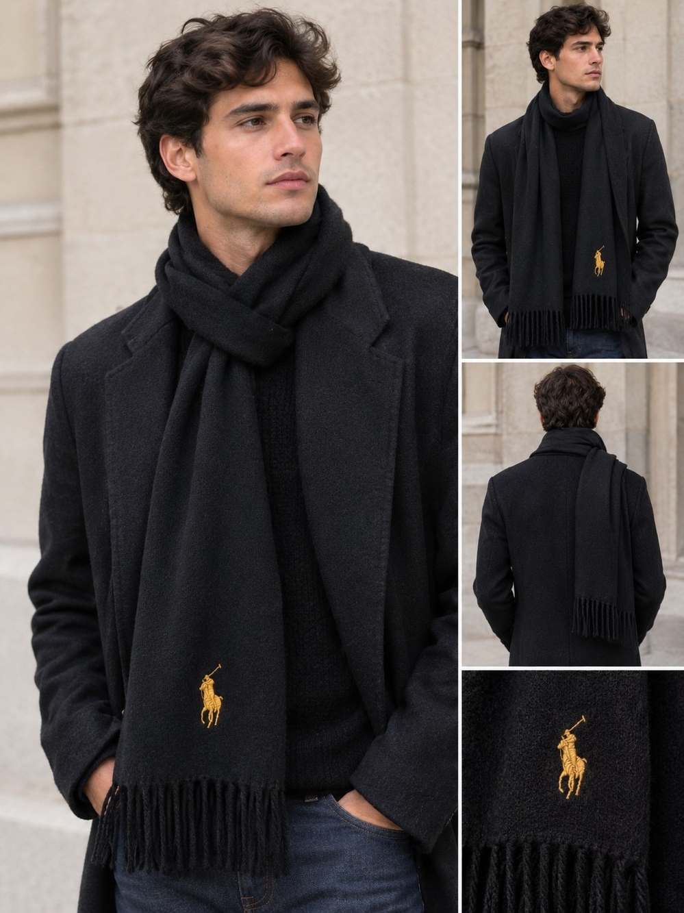 Polo by Ralph 100% Lambwool Lauren Black Scarf with Gold Pony